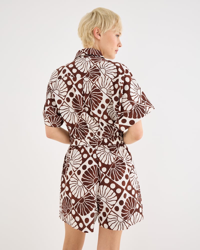 Chocolate Brown & White Sun Print Short Sleeve Playsuit