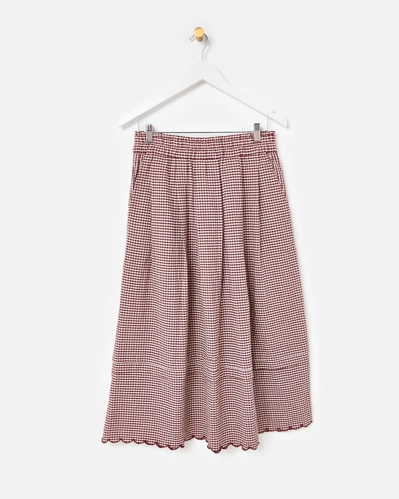 Burgundy Gingam Scalloped Hem Midi Skirt
