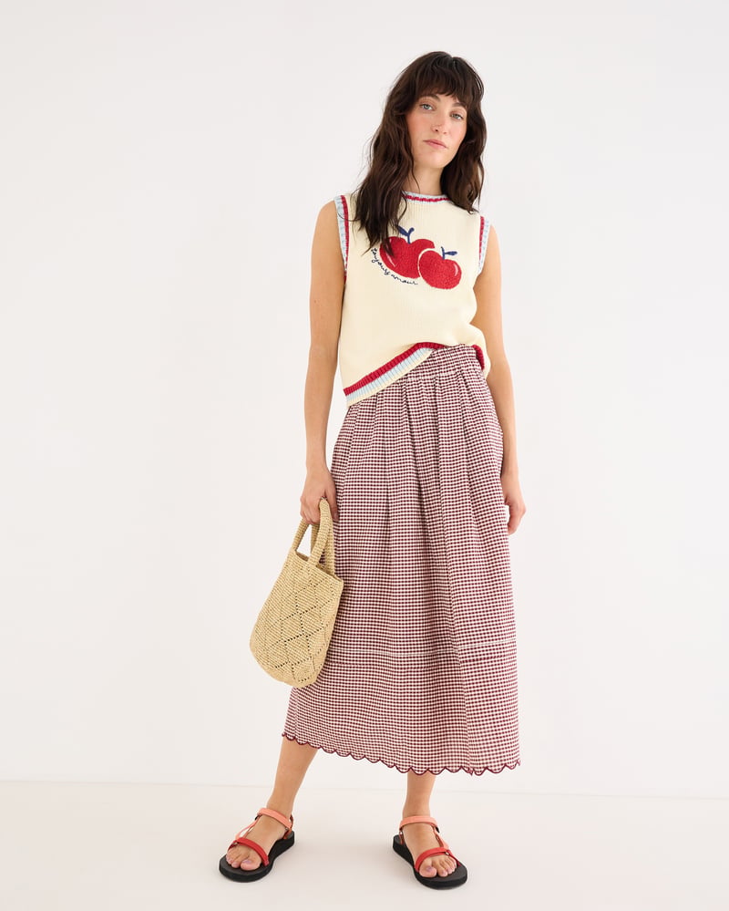Burgundy Gingam Scalloped Hem Midi Skirt