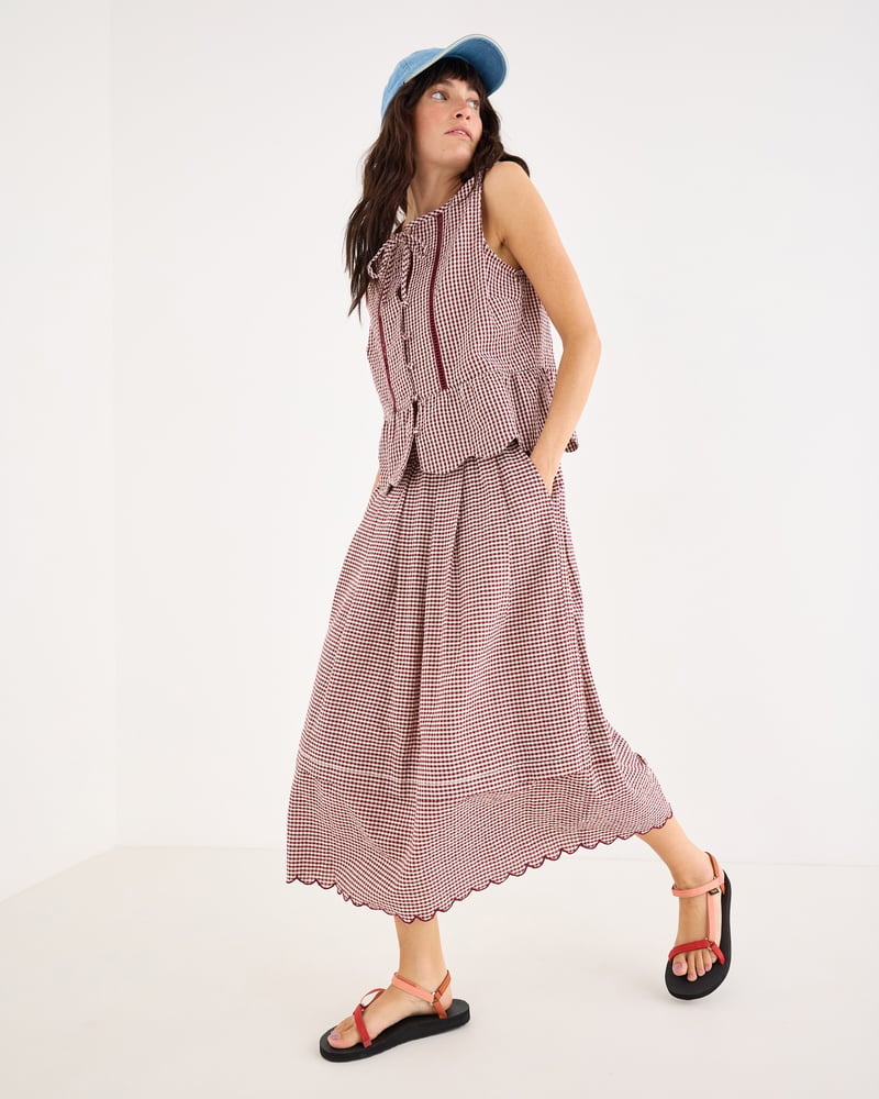 Burgundy Gingam Scalloped Hem Midi Skirt