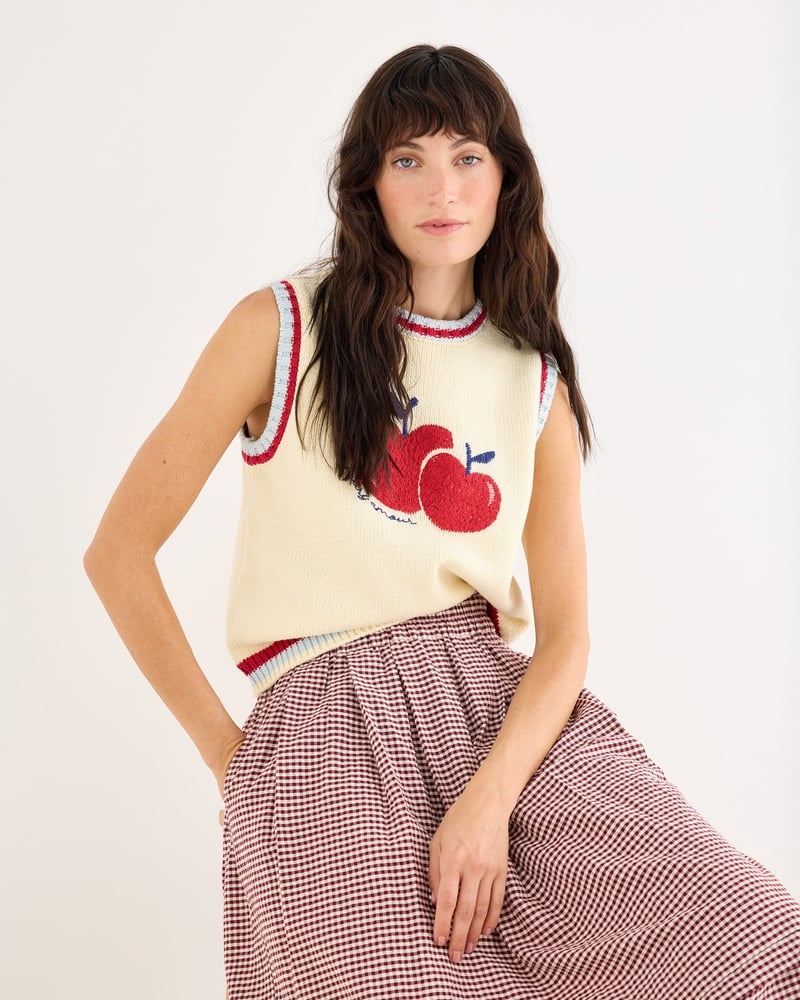 Burgundy Gingam Scalloped Hem Midi Skirt