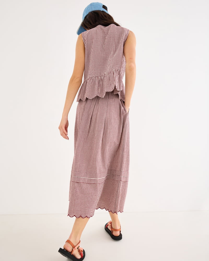 Burgundy Gingam Scalloped Hem Midi Skirt