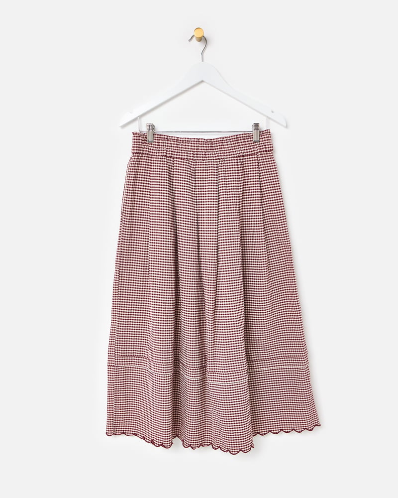 Burgundy Gingam Scalloped Hem Midi Skirt