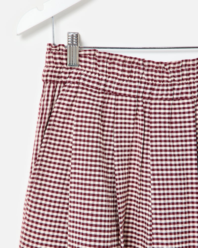 Burgundy Gingam Scalloped Hem Midi Skirt