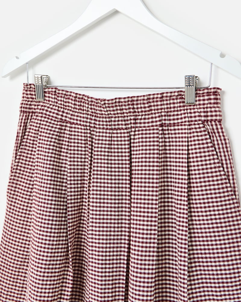 Burgundy Gingam Scalloped Hem Midi Skirt
