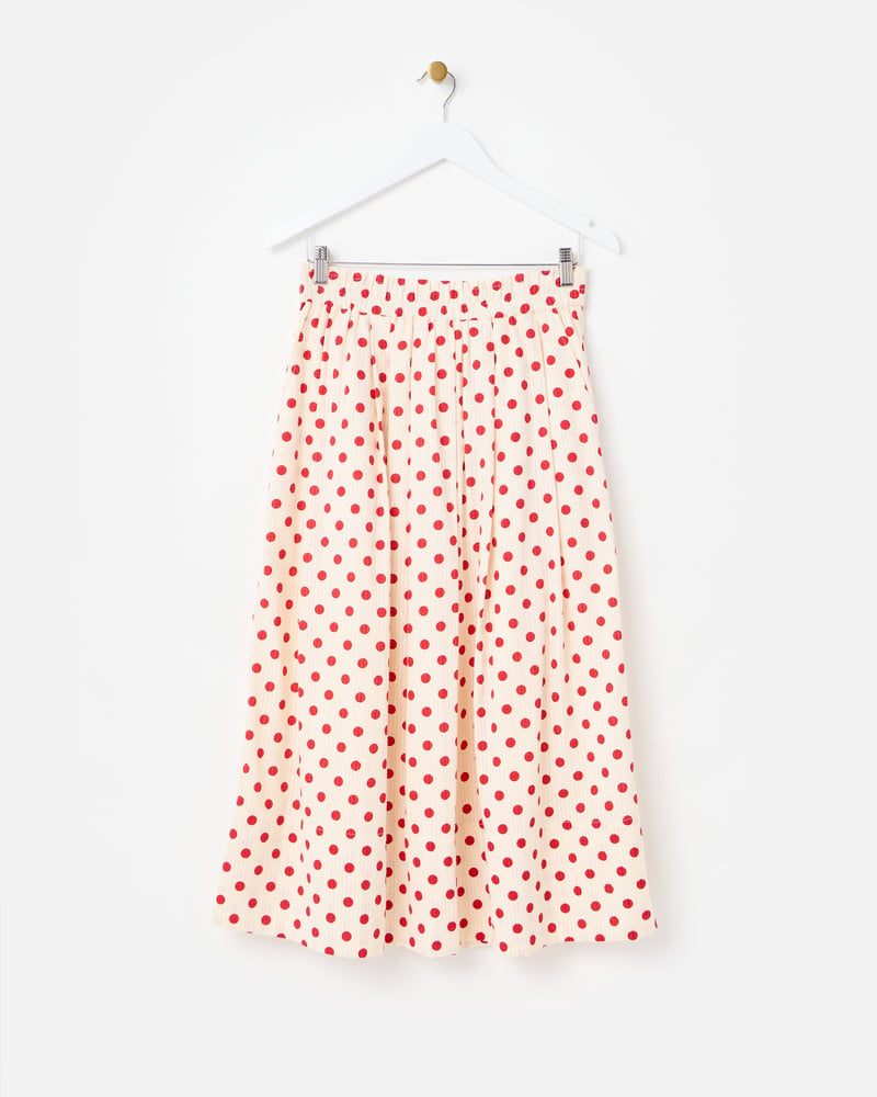 Cream & Red Polka Dot Elasticated Waist Cotton Midi Skirt