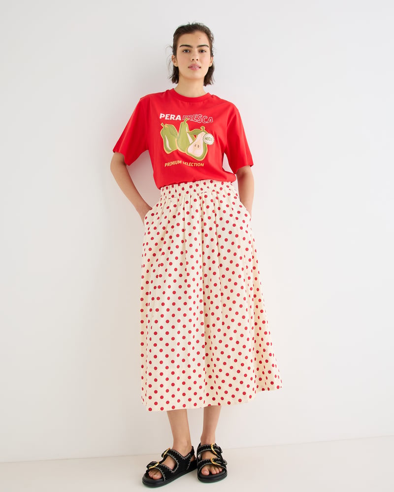 Cream & Red Polka Dot Elasticated Waist Cotton Midi Skirt