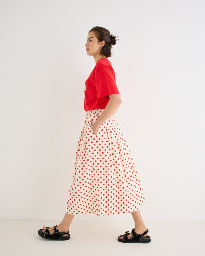 Cream & Red Polka Dot Elasticated Waist Cotton Midi Skirt