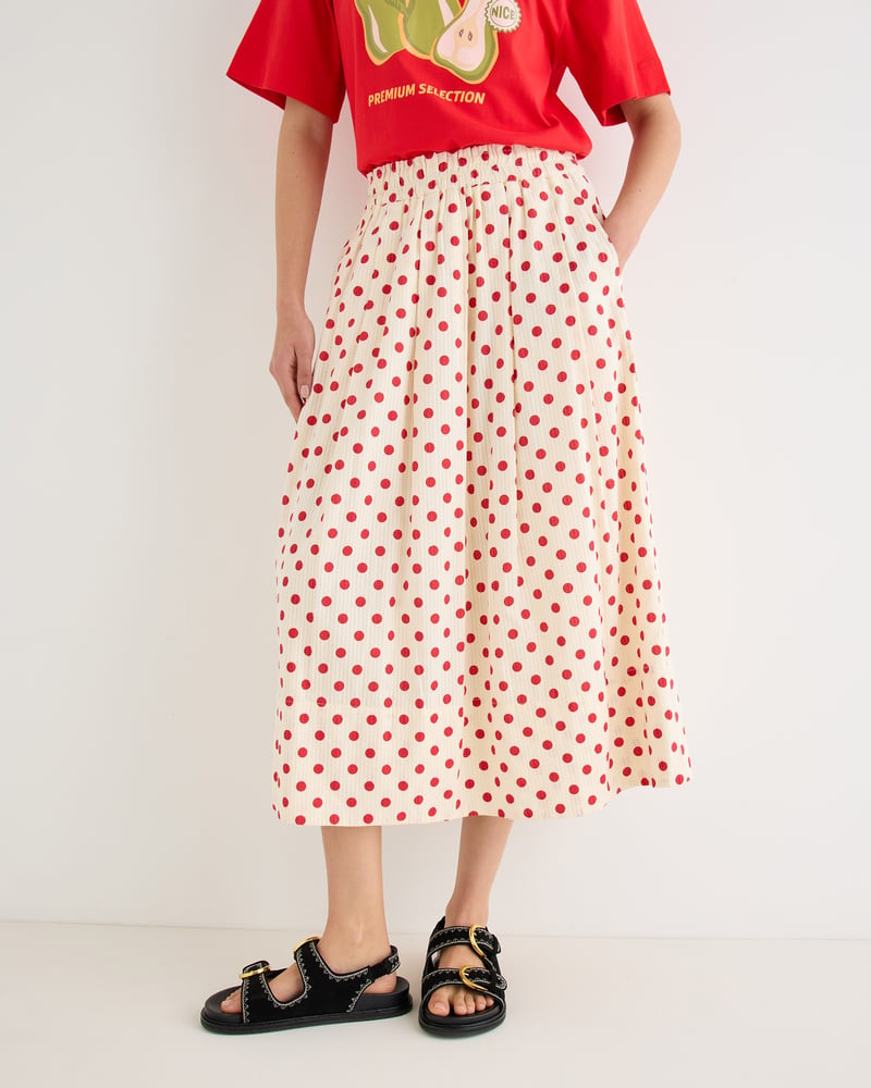 Cream & Red Polka Dot Elasticated Waist Cotton Midi Skirt