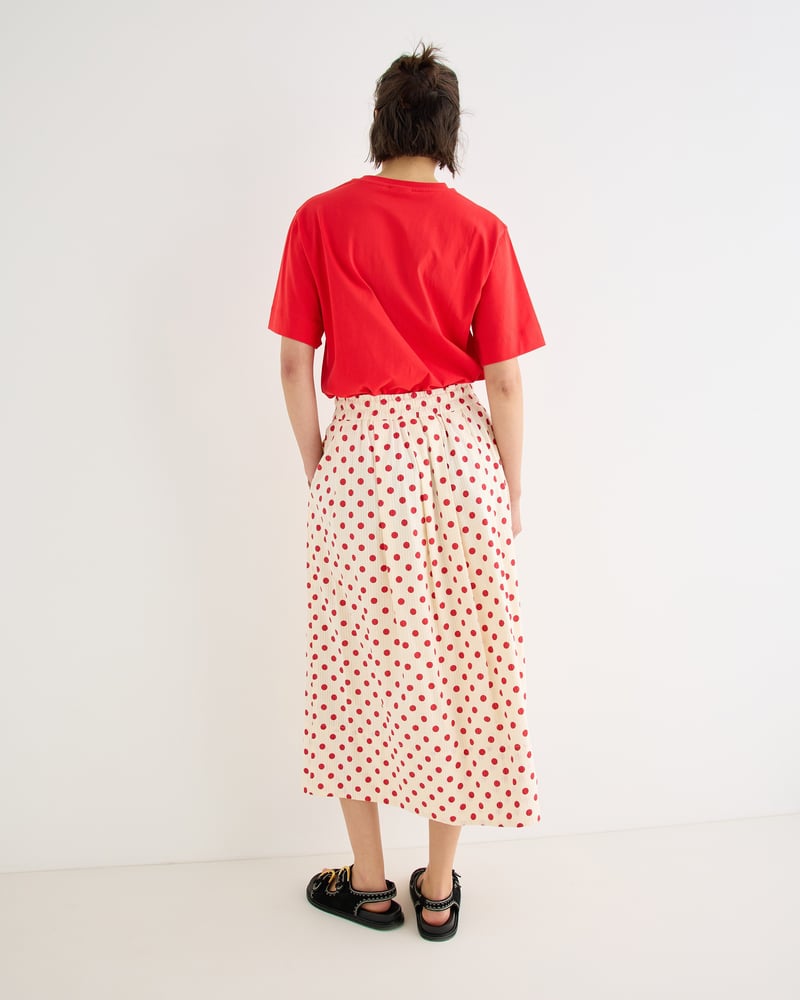 Cream & Red Polka Dot Elasticated Waist Cotton Midi Skirt