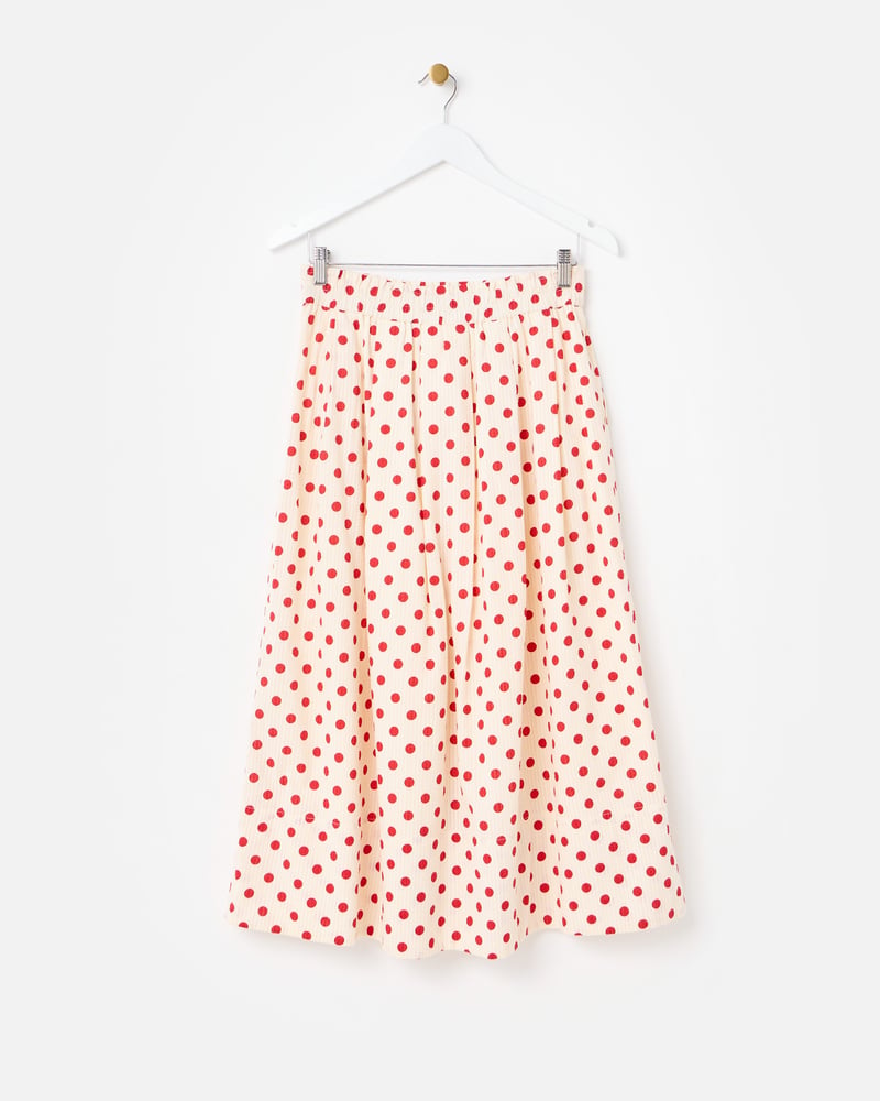 Cream & Red Polka Dot Elasticated Waist Cotton Midi Skirt