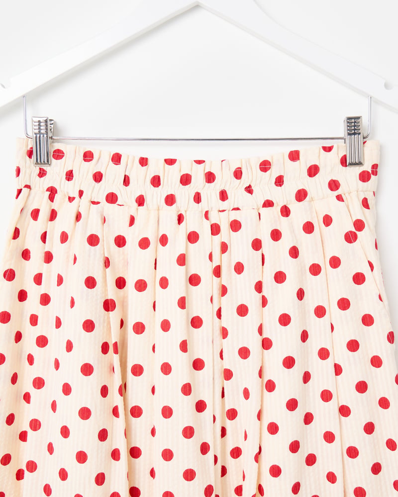 Cream & Red Polka Dot Elasticated Waist Cotton Midi Skirt