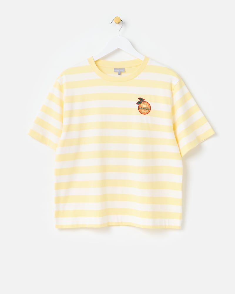 Yellow & White Striped Orange Embroiderd Cotton T-Shirt