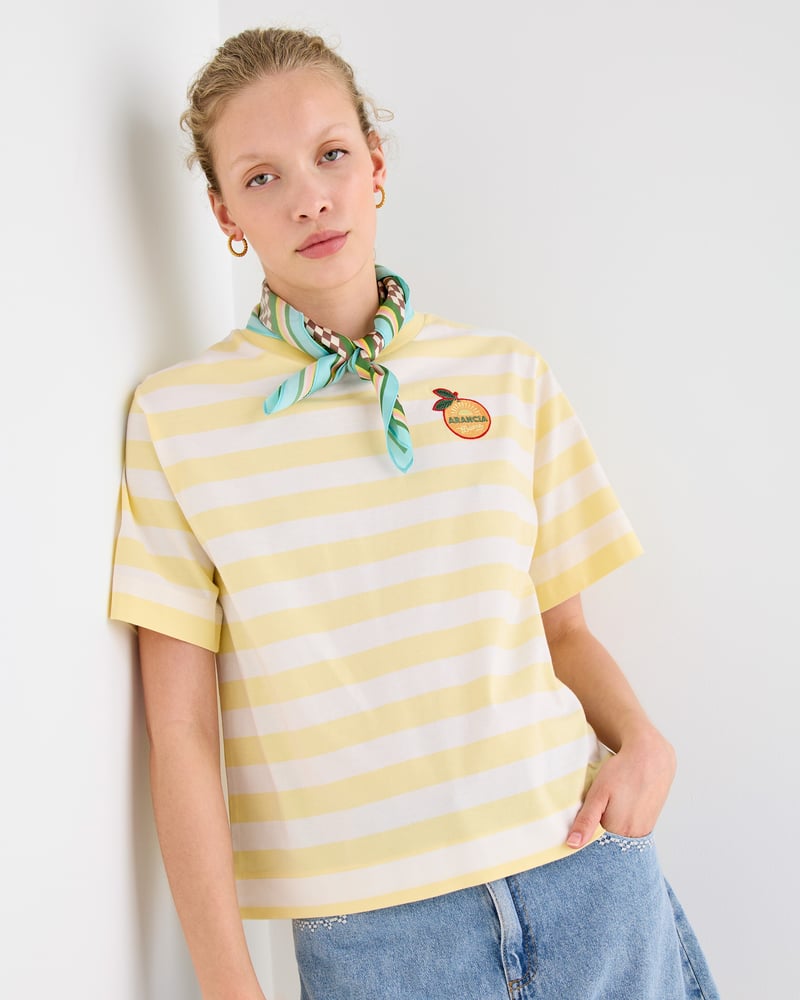 Yellow & White Striped Orange Embroiderd Cotton T-Shirt