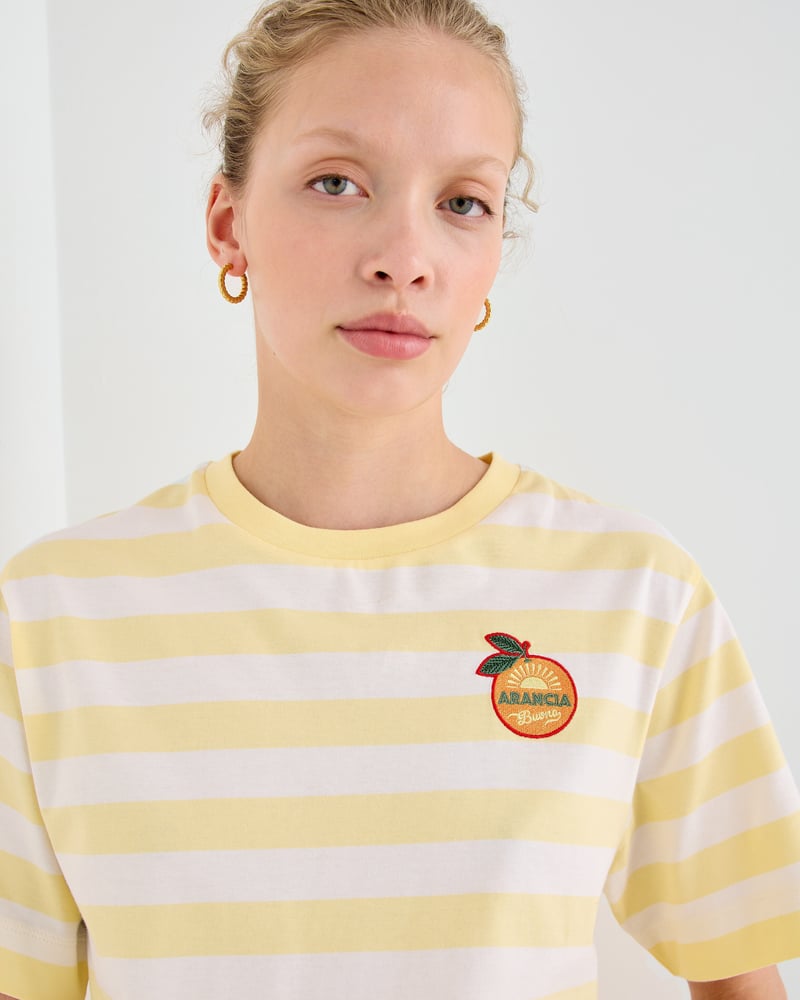 Yellow & White Striped Orange Embroiderd Cotton T-Shirt