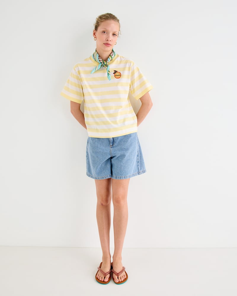 Yellow & White Striped Orange Embroiderd Cotton T-Shirt