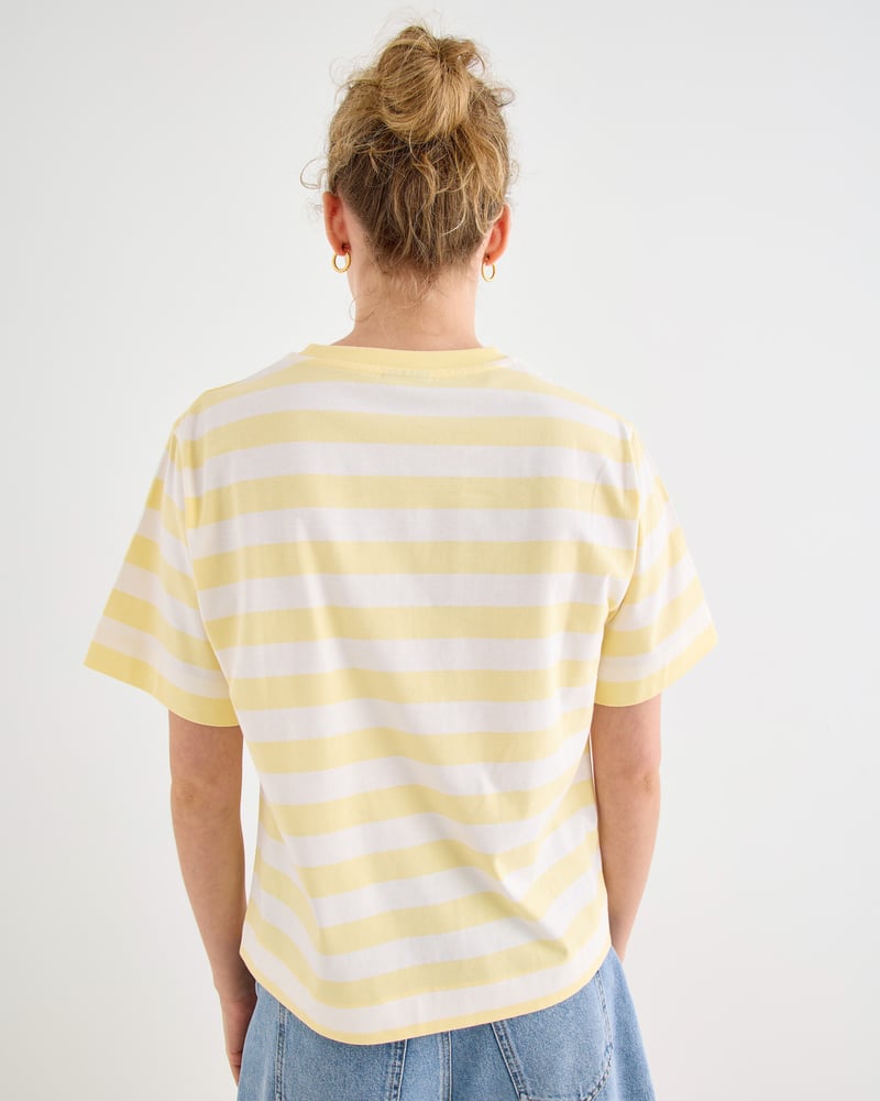Yellow & White Striped Orange Embroiderd Cotton T-Shirt