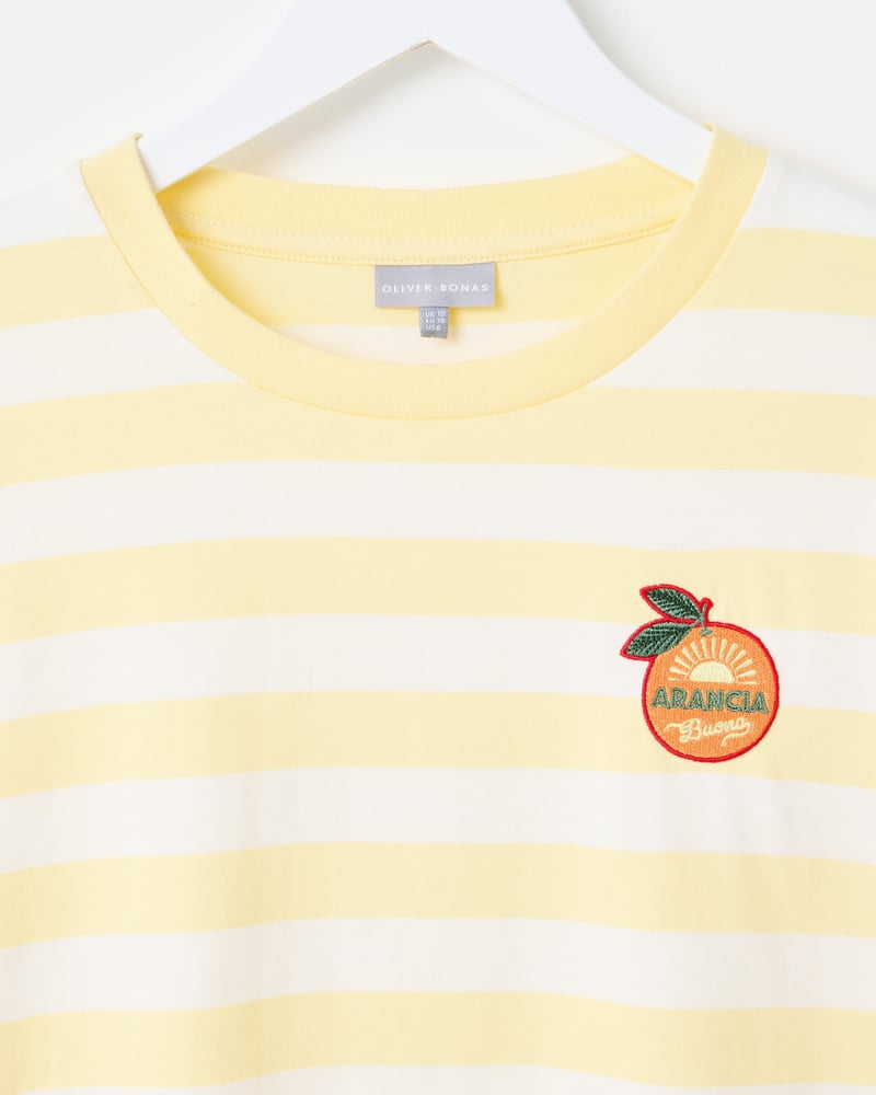 Yellow & White Striped Orange Embroiderd Cotton T-Shirt