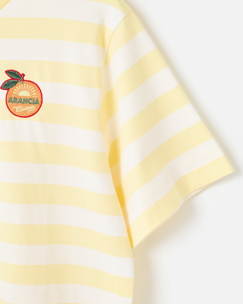 Yellow & White Striped Orange Embroiderd Cotton T-Shirt