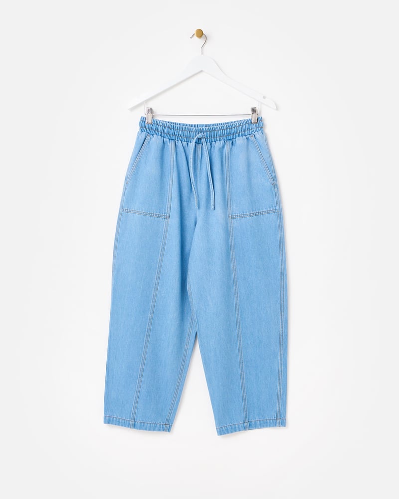Light Blue Denim Tie Waist Barrel Leg Jeans