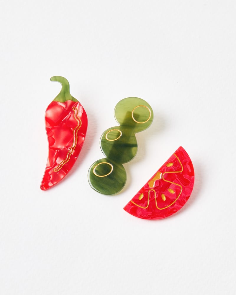 Chilli, Olives & Tomato Hair Clips Set of Three