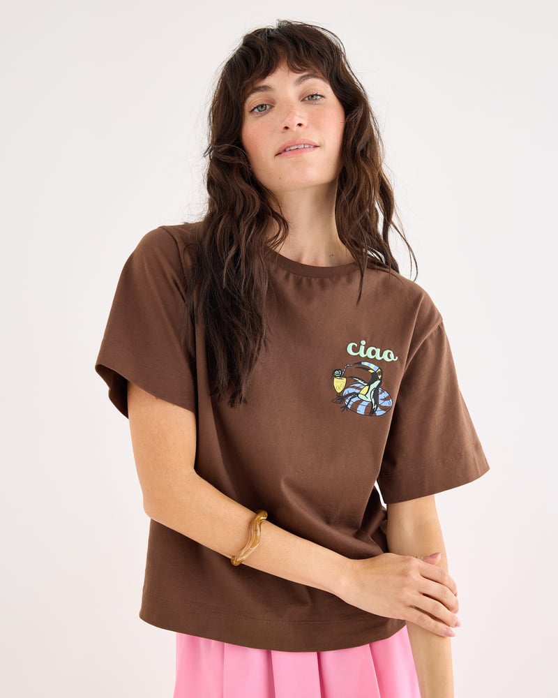 Chocolate Brown Ciao Toucan Cotton Graphic T-Shirt