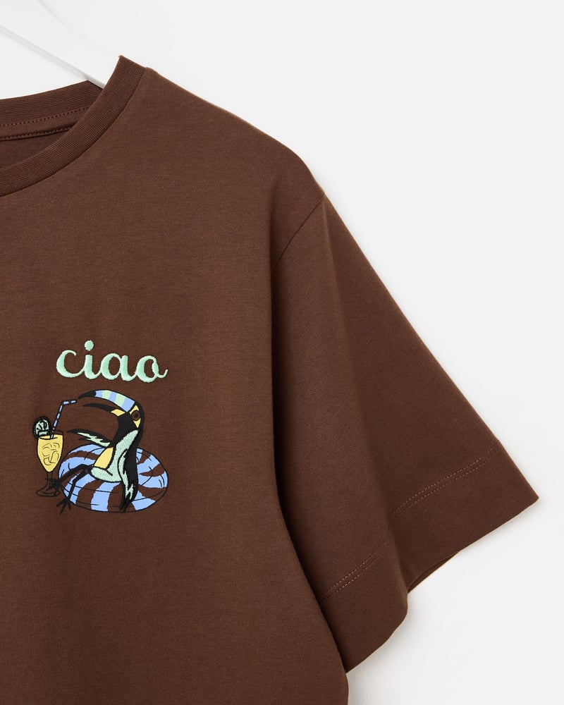 Chocolate Brown Ciao Toucan Cotton Graphic T-Shirt