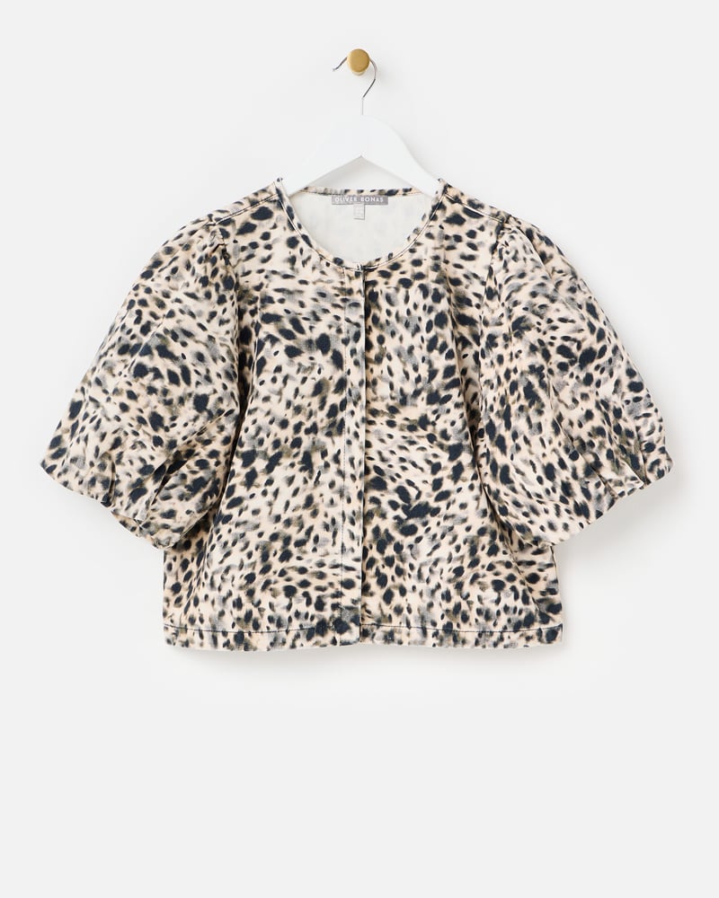Cream & Black Animal Print Denim Puff Sleeve Top