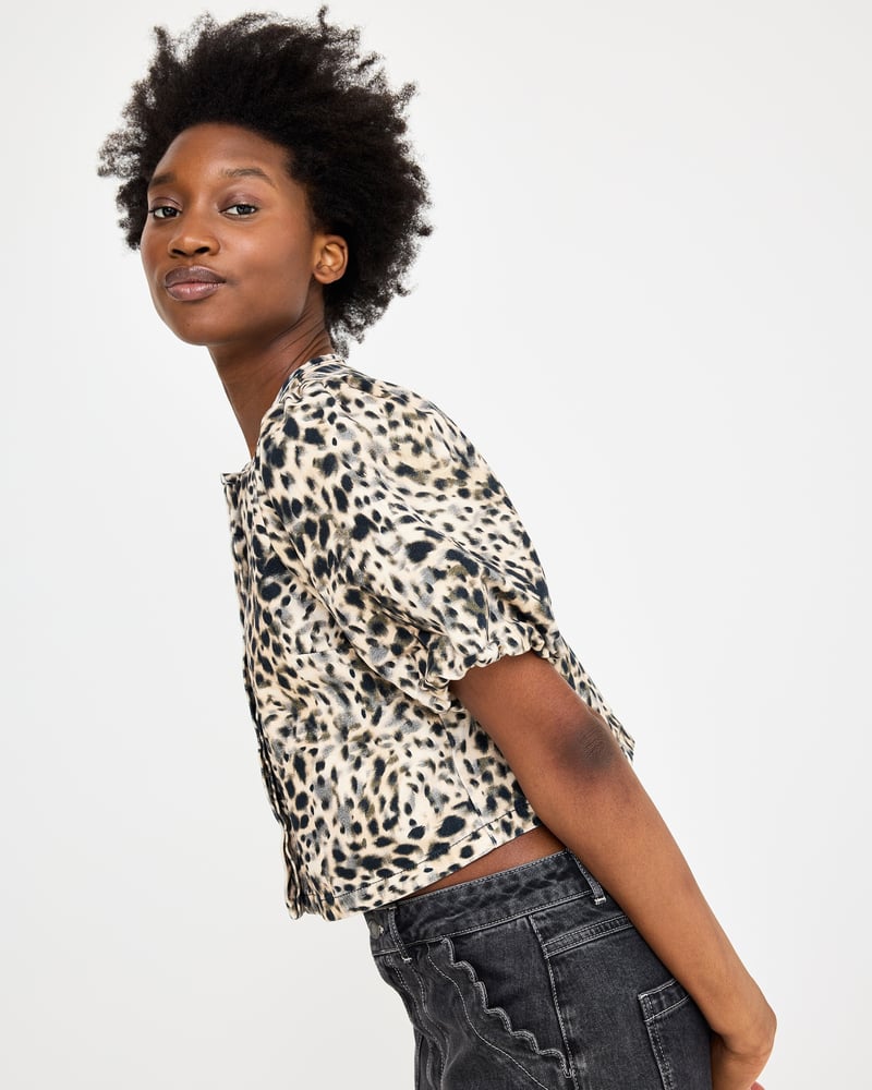 Cream & Black Animal Print Denim Puff Sleeve Top