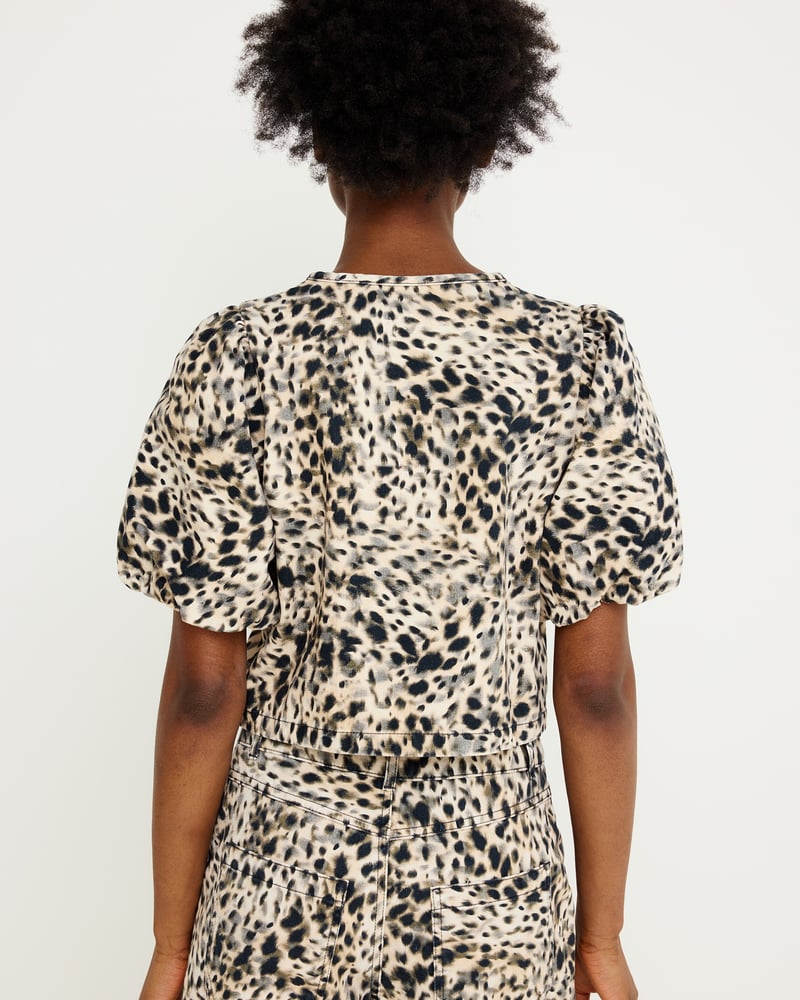 Cream & Black Animal Print Denim Puff Sleeve Top