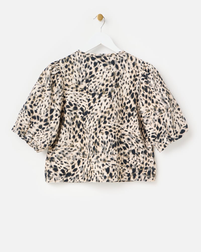 Cream & Black Animal Print Denim Puff Sleeve Top