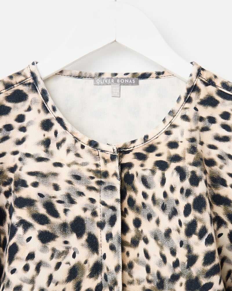 Cream & Black Animal Print Denim Puff Sleeve Top