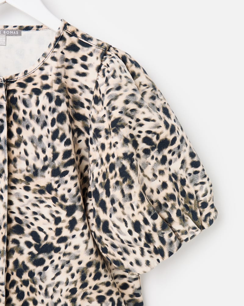 Cream & Black Animal Print Denim Puff Sleeve Top
