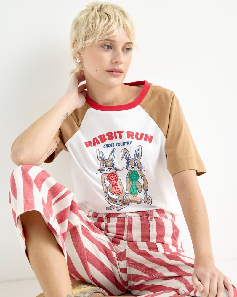 White & Brown Rabbit Run Graphic T-Shirt