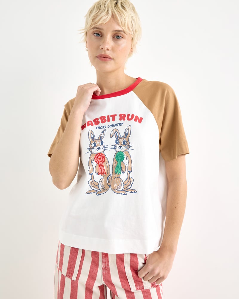 White & Brown Rabbit Run Graphic T-Shirt