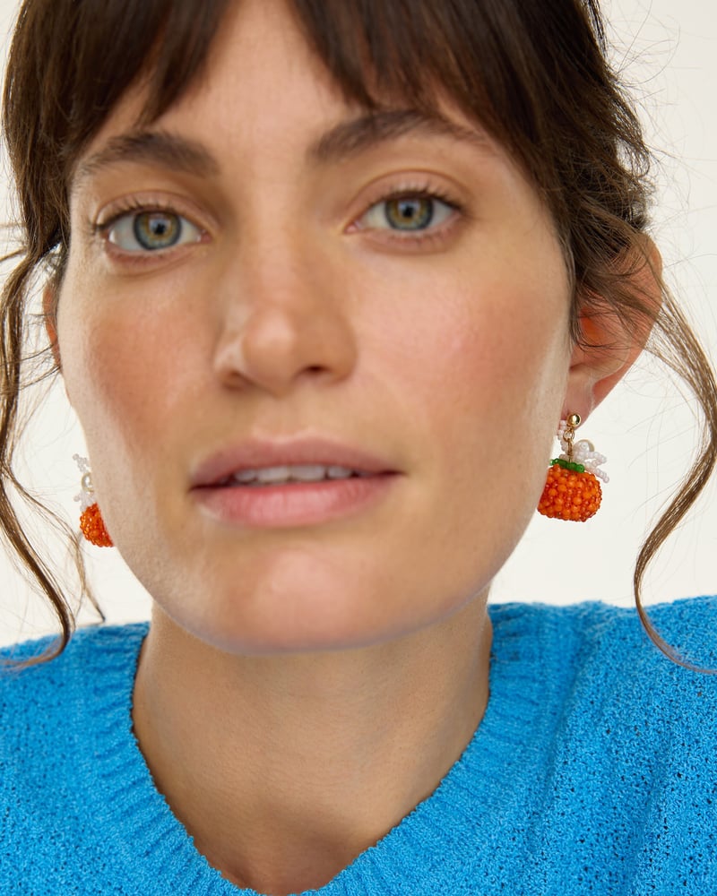 Oma Beaded Orange & Flower Drop Stud Earrings