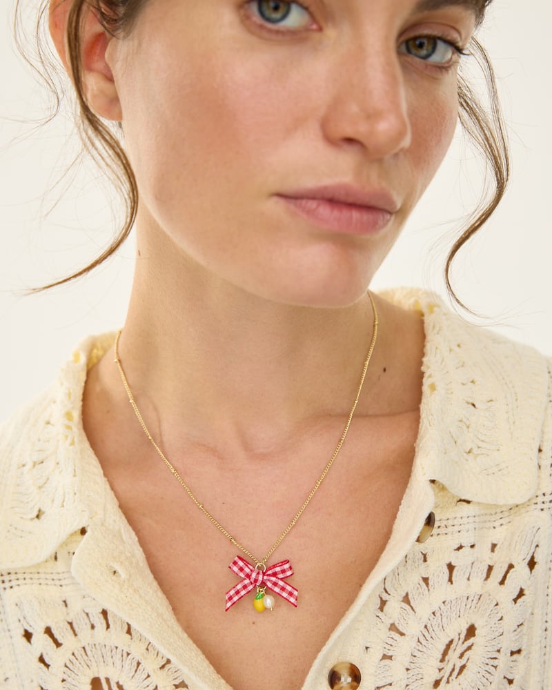 Janna Gingham Bow & Lemon Charm Necklace