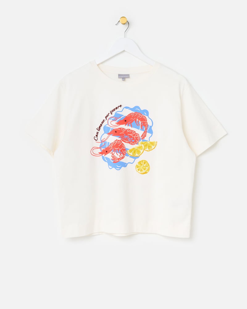 White Prawn Plate Cotton Graphic T-Shirt