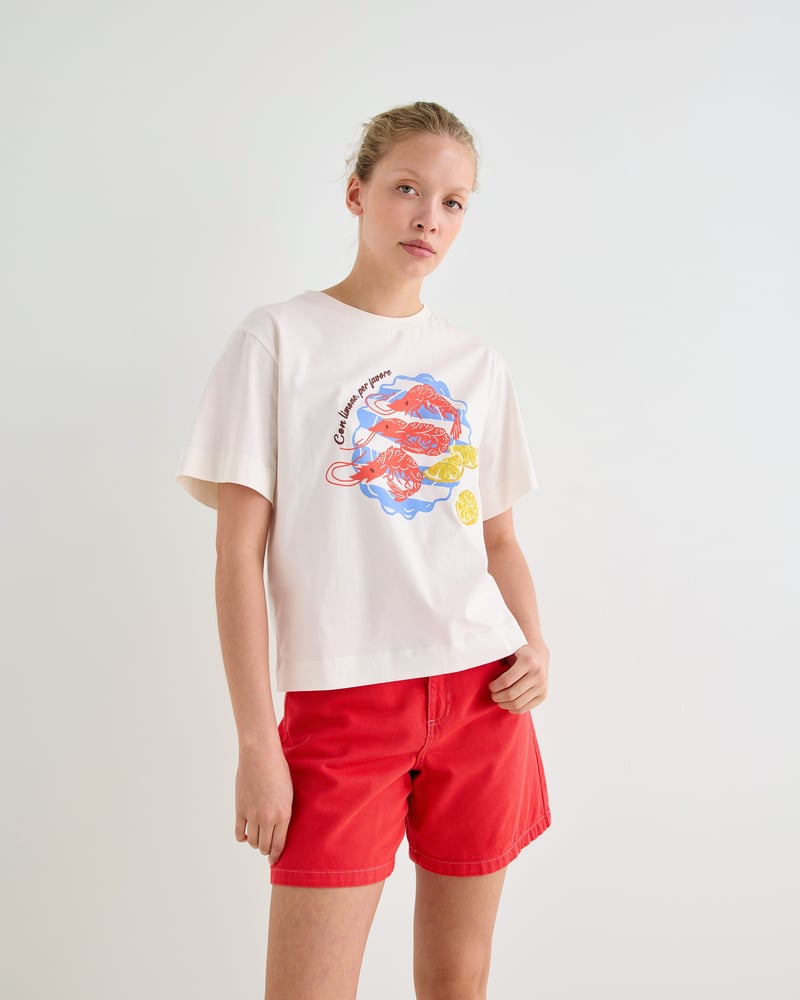 White Prawn Plate Cotton Graphic T-Shirt