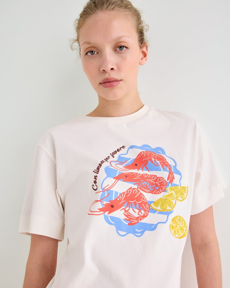 White Prawn Plate Cotton Graphic T-Shirt
