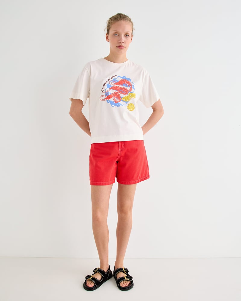 White Prawn Plate Cotton Graphic T-Shirt