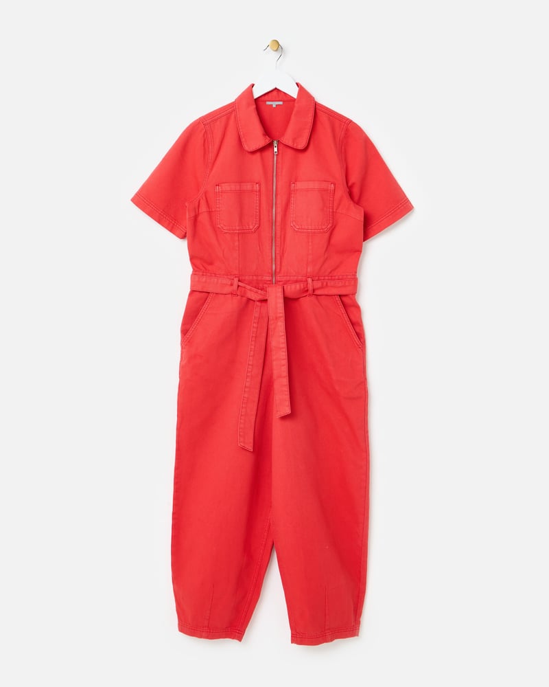 Red Denim Collared Short Sleeve Jumpsuit