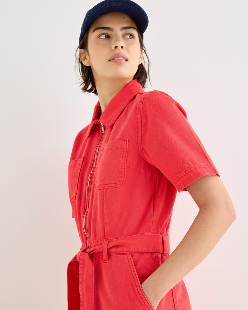Red Denim Collared Short Sleeve Jumpsuit