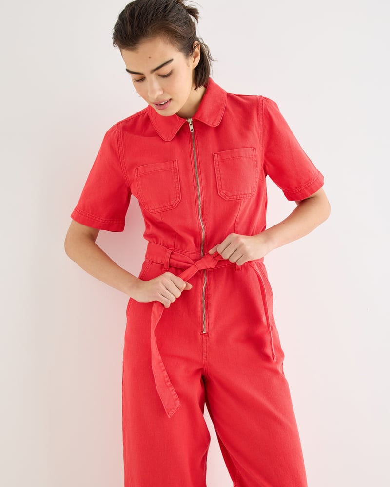 Red Denim Collared Short Sleeve Jumpsuit
