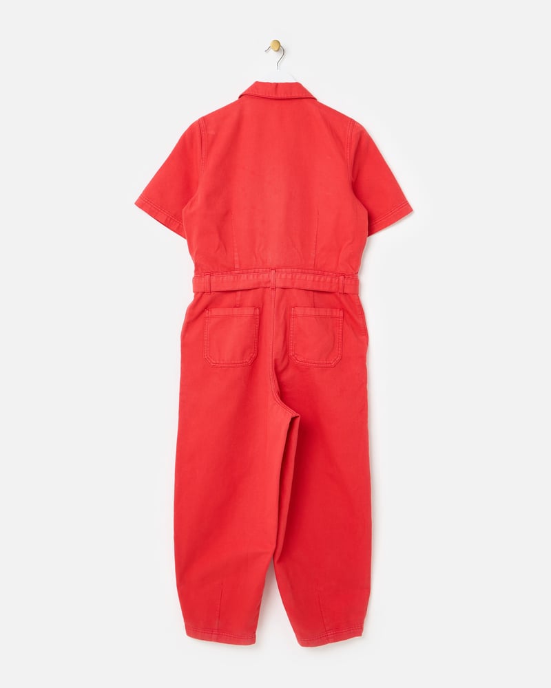 Red Denim Collared Short Sleeve Jumpsuit