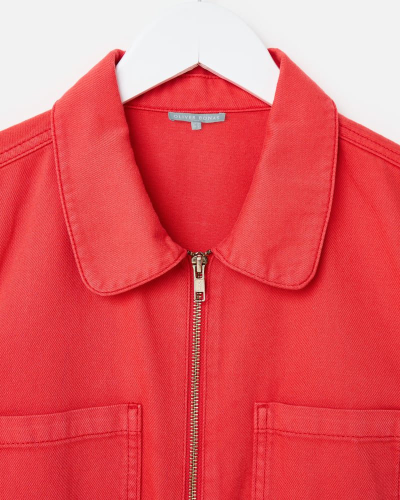 Red Denim Collared Short Sleeve Jumpsuit