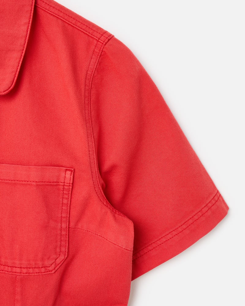 Red Denim Collared Short Sleeve Jumpsuit