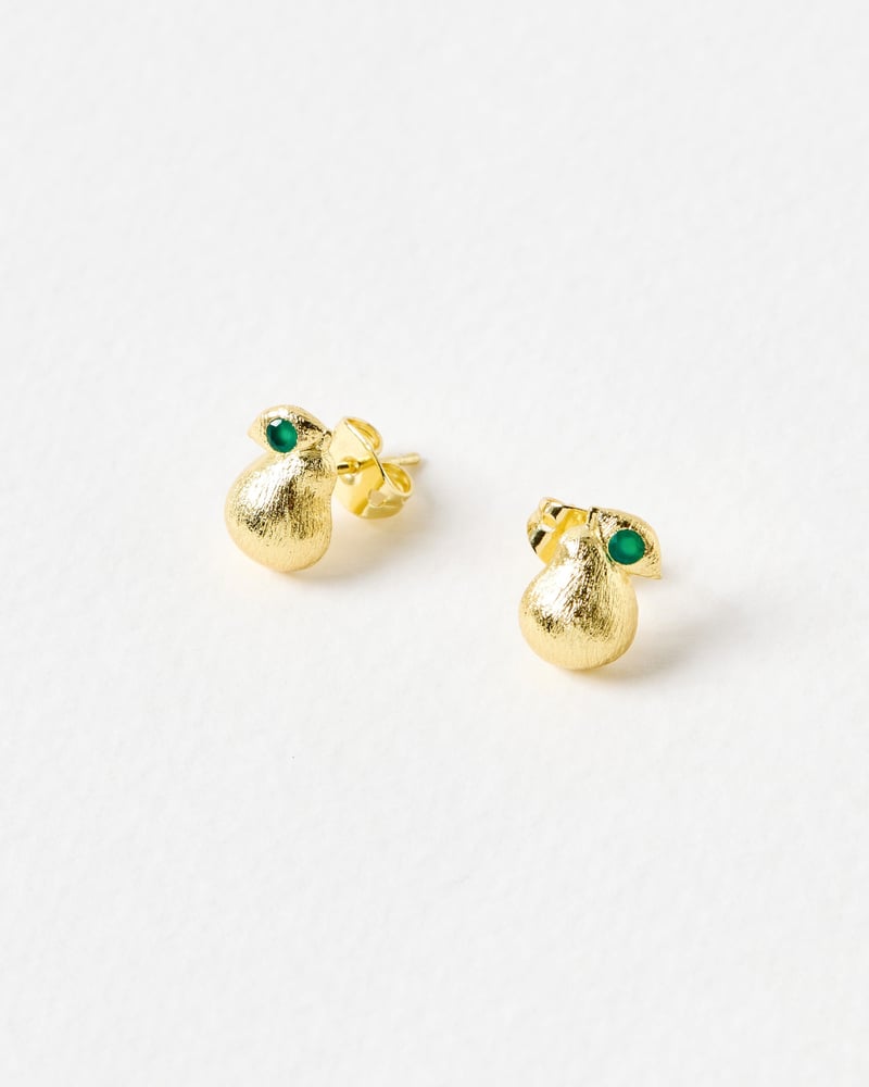 Penny Pear Green Onyx Inlay Brushed Gold Plated Stud Earrings