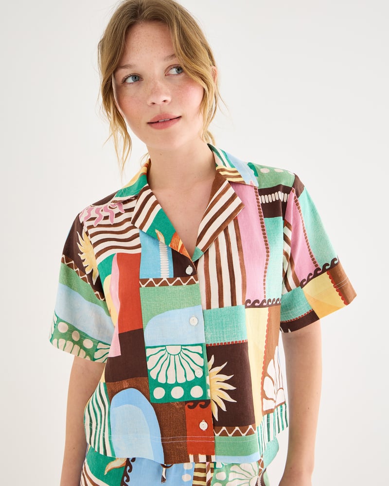 Patched Sun Print Short Sleeve Shirt