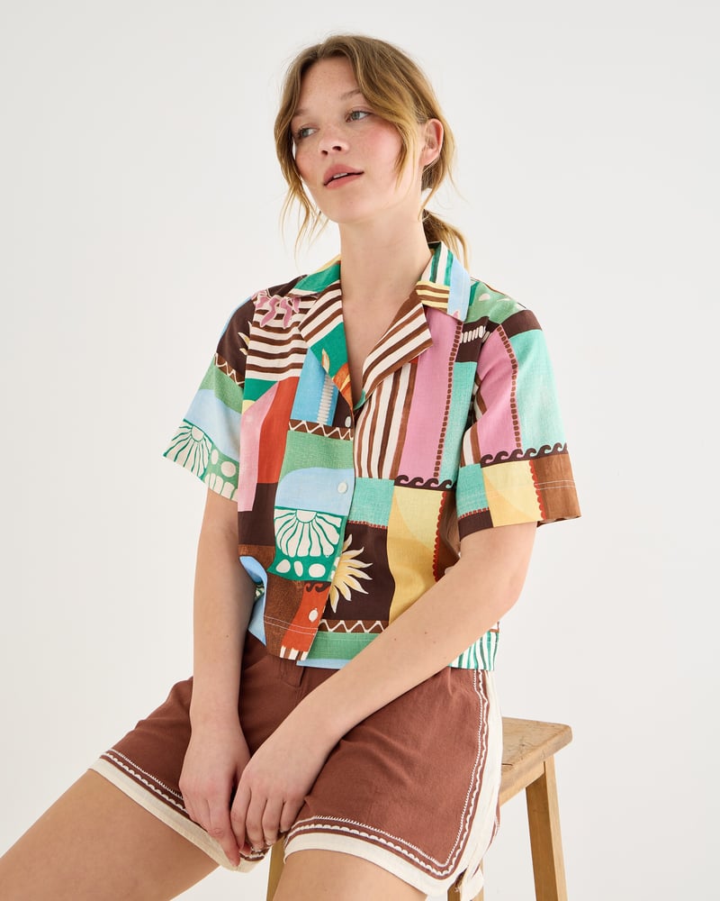 Patched Sun Print Short Sleeve Shirt